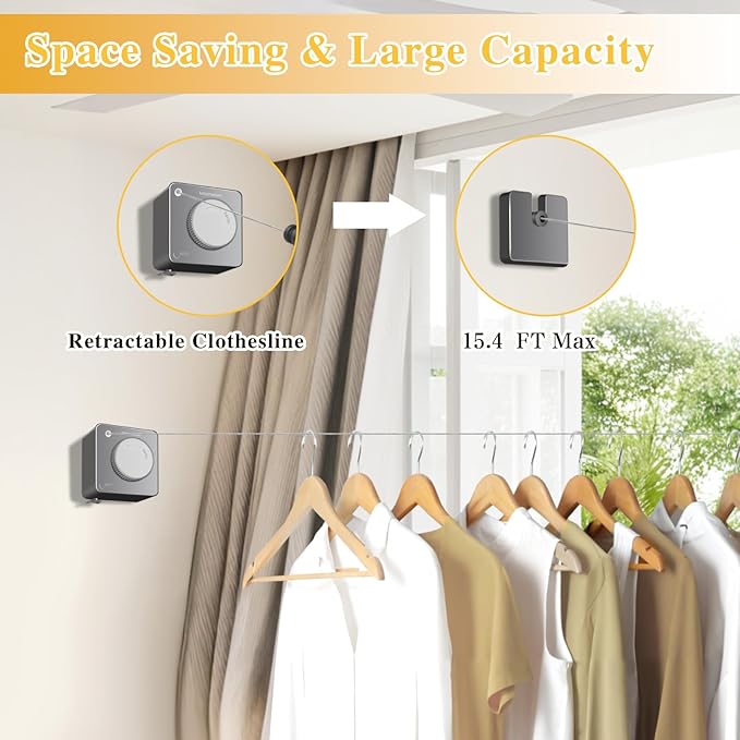 Retractable Clothesline Indoor, Non-Sagging Outdoor Clothes Line retracting,13.8 Ft Heavy-Duty Clothes Drying Laundry Line,Wall Mounted Stainless Steel Line（Grey）