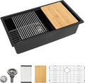 Dcolora 33 inches Granite Composite Kitchen Sink Workstation Black Undermount Single Bowl Large Kitchen Sink 33"W x 19"D x 10"H, DC-GU7743