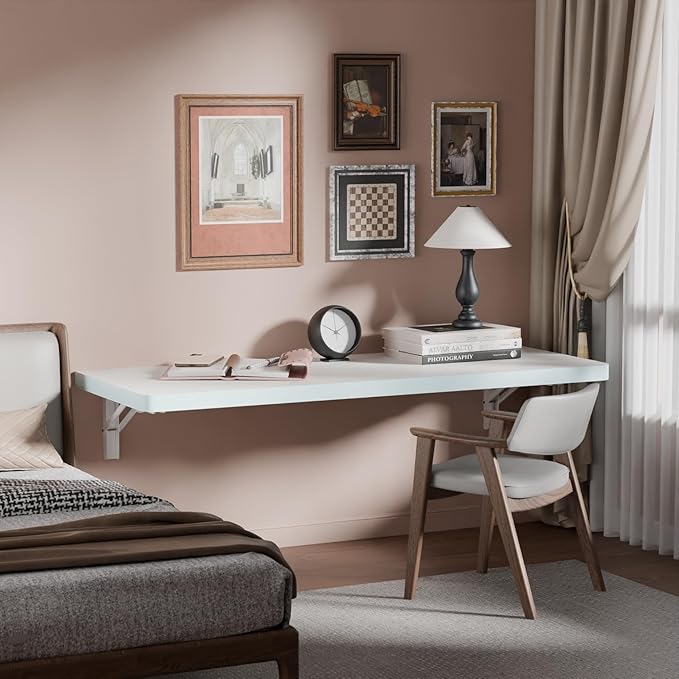 IAE Wall Mounted Folding Table with Pine Wood,36" x 14" Floating Wall Desk,Laundry Folding Table with Shelf Brackets,Fold Down Desk Shelf,Folding Workbench for Home,Dining,Laundry Room,Kitchen,White