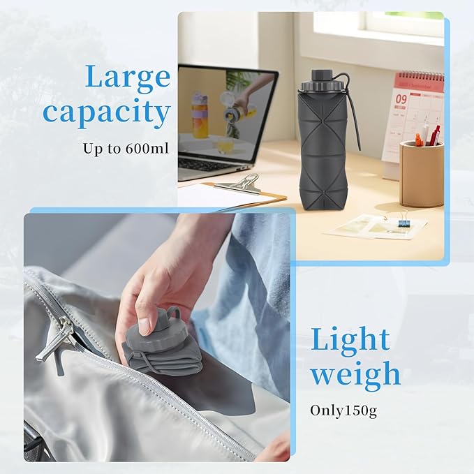YCT Collapsible Silicone Travel Water Bottle 20oz (600ml), Reuseable Leakproof BPA Free Foldable Sports Bottle, with Carrying Strap, Dark Blue