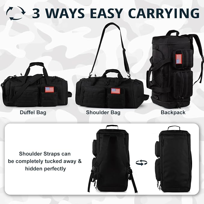 Tactical Gym Bag for Men，70L Large 3 in 1 Sports Duffle Bag with Shoes Compartment for Travel,Water Resistant Travel Backpack Weekender Overnight Bag with Wet Pocket for Women