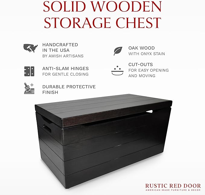 Amish Made Wooden Storage Chest Trunk Box with Lid and Handles for Bedroolanket, Clothes, Anti-Slam Hinges, Handmade, Rustic, Oak Wood, Onyx Stain, 36"