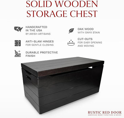 Amish Made Wooden Storage Chest Trunk Box with Lid and Handles for Bedroolanket, Clothes, Anti-Slam Hinges, Handmade, Rustic, Oak Wood, Onyx Stain, 36"