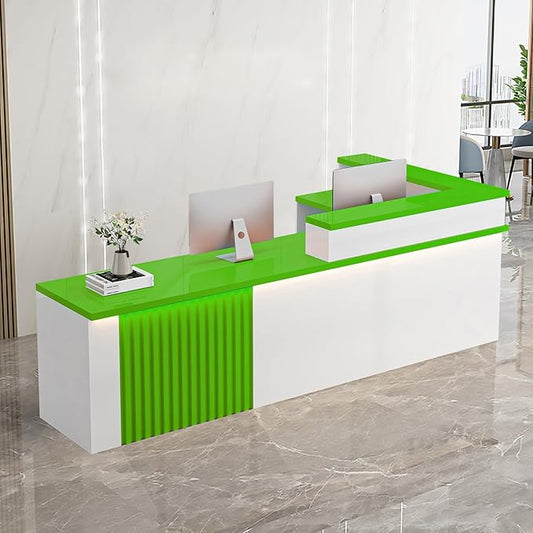 Receptionist Desk with LED Light，Wooden Salon Checkout Counter with Storage Drawer & Keyboard Tray Modern L-Shaped Reception Desk for Barbershop Office Company Store