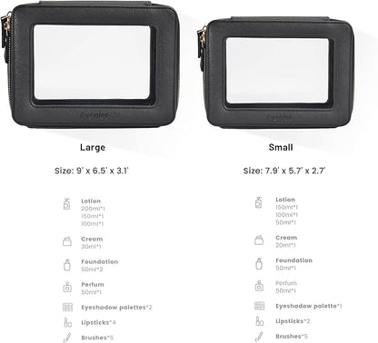 Aveniee Clear Makeup Bag Set (2-Piece Mini & Midi) - Travel Toiletry Organizer for Women, Waterproof Cosmetic Pouch & Car Accessory for Travel Size Toiletries, Black