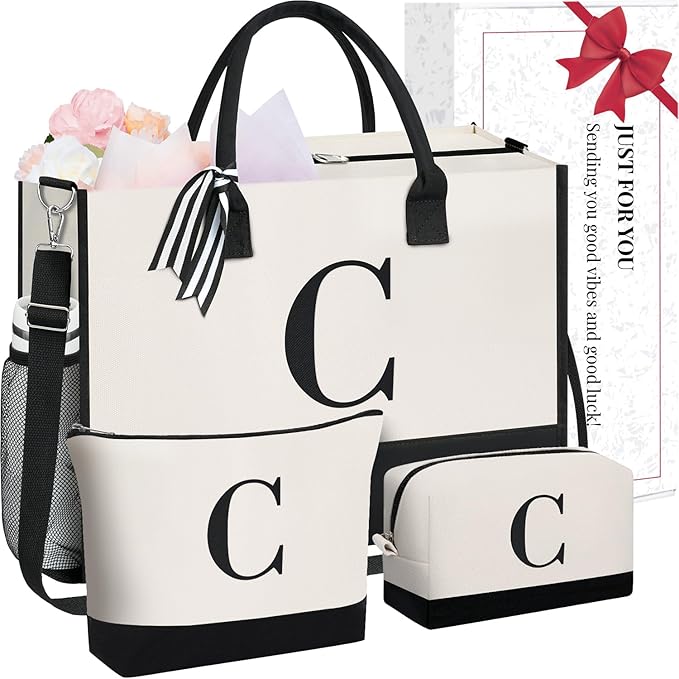 BAGAIL Initial Tote Bag, Personalized Birthday Gifts for Women, Teacher, Friends, Mom, Wedding, Monogrammed Beach Bag