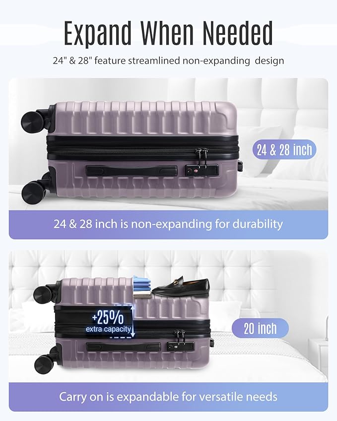 LIGHT FLIGHT Luggage Sets, 3 Piece Durable Suitcase Set with Spinner Wheels, 3 Pcs Hardside Lightweight luggage with TSA Lock, Large Checked Travel Suitcases, 20/24/28 Inch, Rose Purple