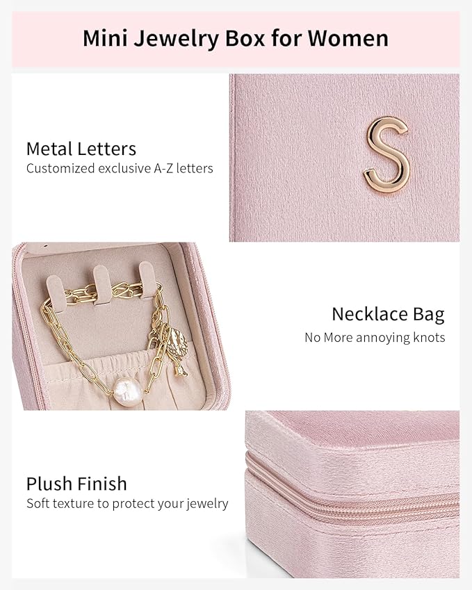 Vlando Mom Gifts for Women, Travel Jewelry Case for Mother Gifts, Travel Gifts for Mother Mom from Daughters, Travel Essentials Small Jewelry Box, Jewelry Travel Organizer - Letter U, Pink