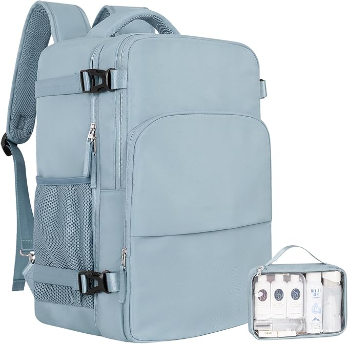 Travel Backpack, Carry on Flight Approved Backpack with Multi-Pockets, TSA Waterproof 17.3inch Laptop Backpack, Personal Item Travel Bag for Men Women, Light Blue