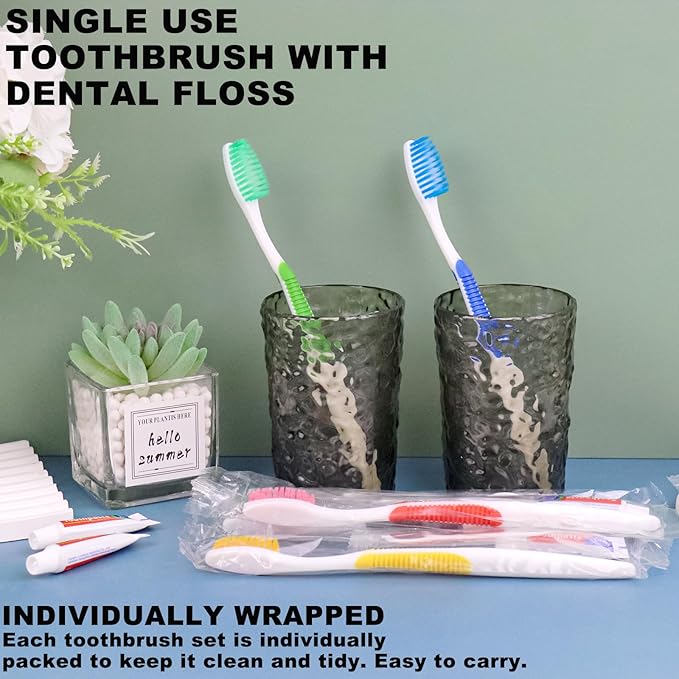 Disposable Toothbrushes with Toothpaste and Floss,30pcs Single Use Individually Wrapped Disposable Travel Toothbrushes and Dental Floss Kit Bulk for Homeless,Airbnb,Dentist,Hotel(5 Colors)