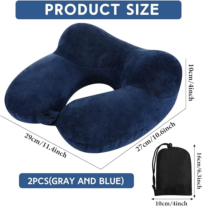 Sintuff 2 Pack Inflatable Travel Pillow for Airplanes Inflatable Neck Flight Pillows with Compact Bag and Blindfold for Traveling, Airplane, Train, Car, Office(Gray and Blue)