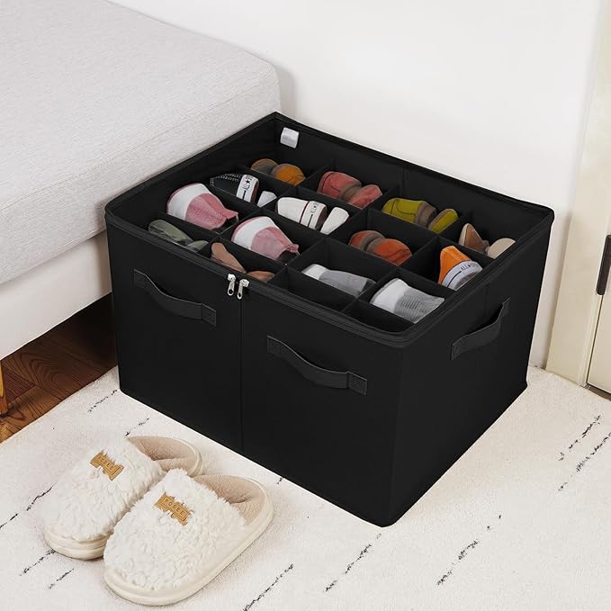 Shoe Organizer for Closet 2 Pack, Foldable Shoe Box with Adjustable Dividers and Clear Cover, Space Saving Shoe Storage Organizer Cabinet with Reinforced Handles, Fits 32 Pairs, Black TP12B