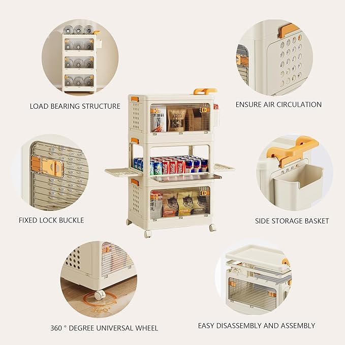 58 QT Stackable Storage Bins with Lids, Rolling Storage Cart with Clear Doors, Utility Storage Organizer Cart Drawer, Plastic Cabinet Storage Containers for Home, Office, Kitchen, Bedroom, White