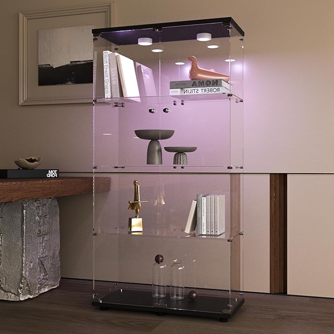 Beauty4U Glass Display Cabinet with Light, 4 Shelves with 2 Doors, Curio Cabinets for Living Room, Bedroom, Office, Black Floor Standing Glass Bookshelf, Quick Installation