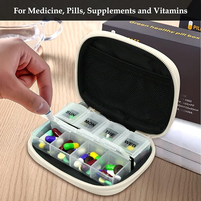 Serfeymi Weekly Travel Pill Organizer Pill Case for Purse with Removable 7 Day Pill Box, Fashionable Travel Medicine Organizer Pill Container for Medicine, Vitamin, Supplement - Bloom 01 + Pill Box