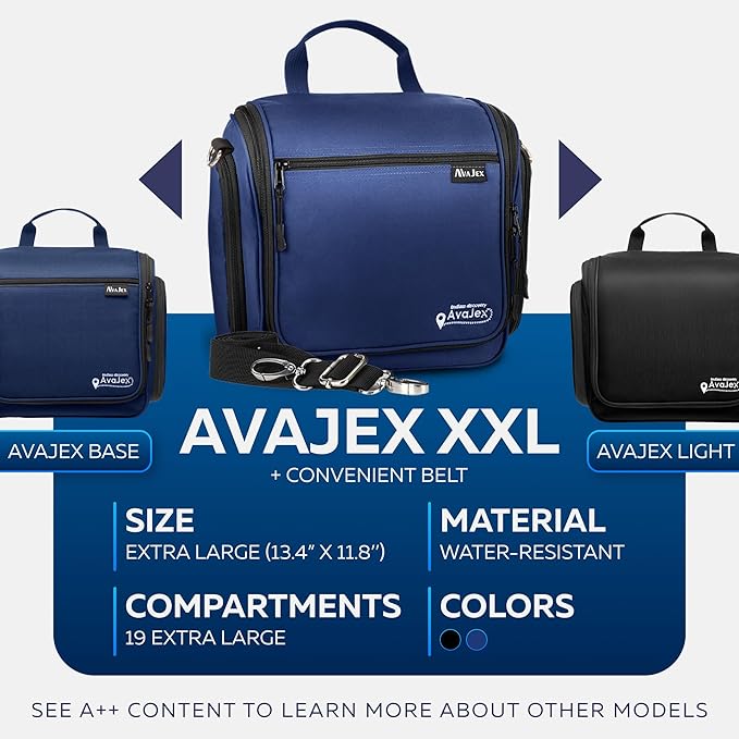 Extra Large Hanging Travel Toiletry Bag for Men and Women - Cosmetic Travel Bag With Shoulder Strap - Waterproof Hygiene Bag with Metal Xxl Swivel Hook and 19 Compartments for Toiletries