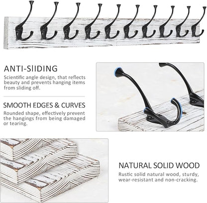 IBosins 34'' Coat Rack Wall Mount with 10 Tri-Hooks, Heavy Duty, Vintage White Color Wood Coat Hanger, Rustic Coat Hooks Rail for Entryway Living Room Coat Scarf Bag Towel Hat