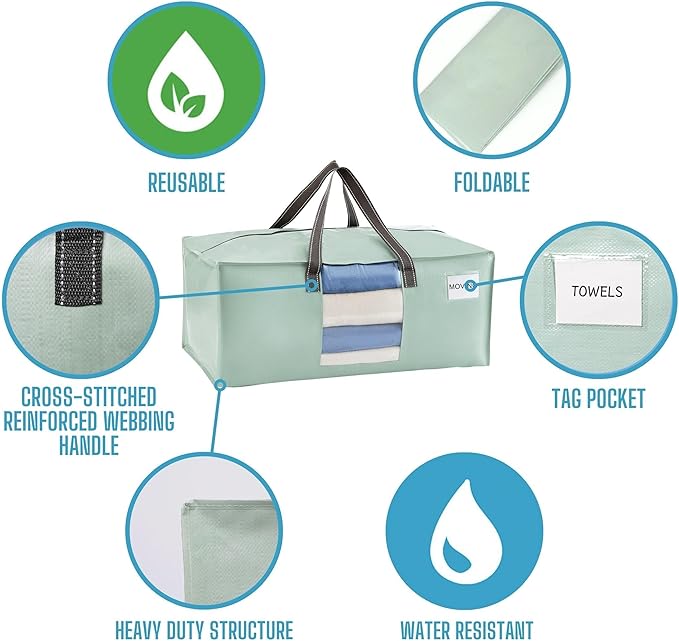 VENO 10 Pack Moving Bags for College, Heavy-Duty Storage Totes, Moving Boxes and Wardrobe Packing Supplies Alternative - Extra Large Durable Laundry Bags for Clothes (Shiny Light Green, 10 Pack)