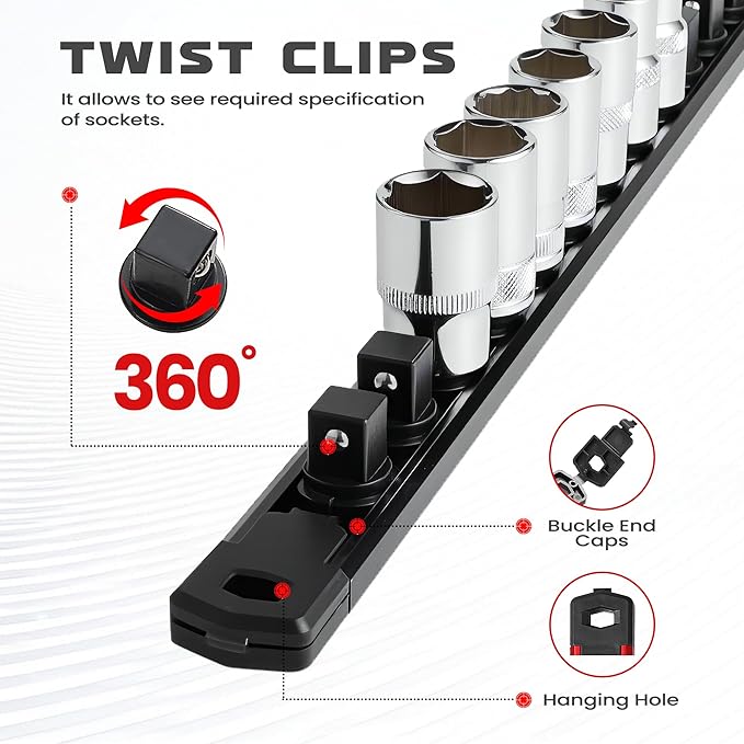 ALOANES 3/8-Inch Drive Magnetic Socket Organizer, Heavy Duty Aluminum Socket Rail Organizer, 360° Swivel Clips Socket Holder Kit for Tool Box, 3/8-Inch Socket Holder x 14 Clips (Black)