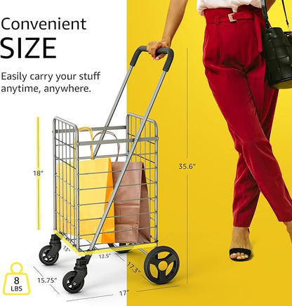 Shopping Cart w/Waterproof Basket Liner & 360° Swivel Wheels | Foldable Collapsible & Lightweight | Perfect for Groceries Laundry Utility Cart - Silver