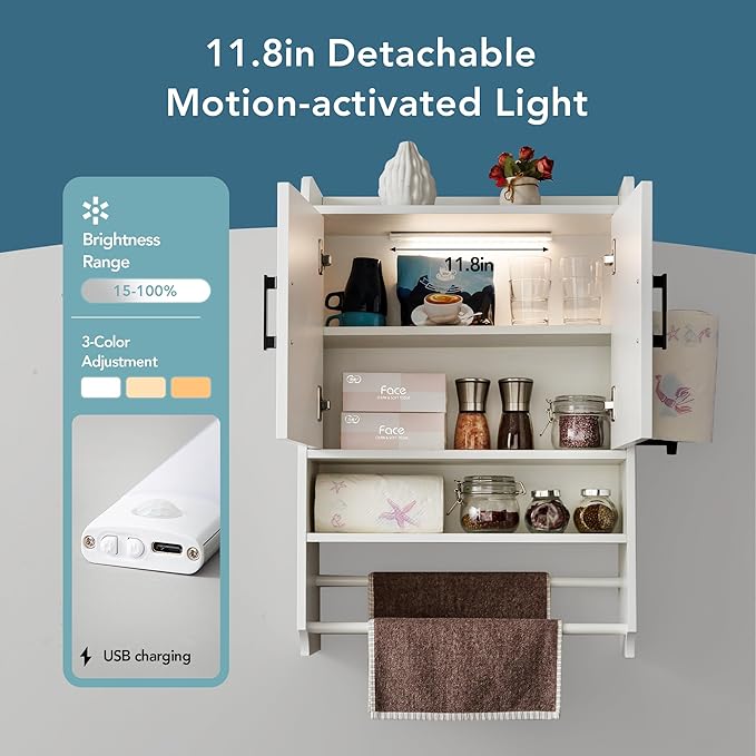 Bathroom Wall Cabinet with Door, Over The Toilet Wood Hanging Medicine Cabinets with DIY Lighting for Laundry Room Kitchen Storage