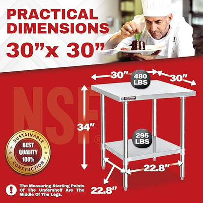 DuraSteel 30x30 Stainless Steel Work Table - NSF Commercial Prep Metal Table - Outdoor Pizza Oven Stand w/Under Shelf - Kitchen Island Laundry Utility Garage Microwave Stand Large Rolling Storage Cart