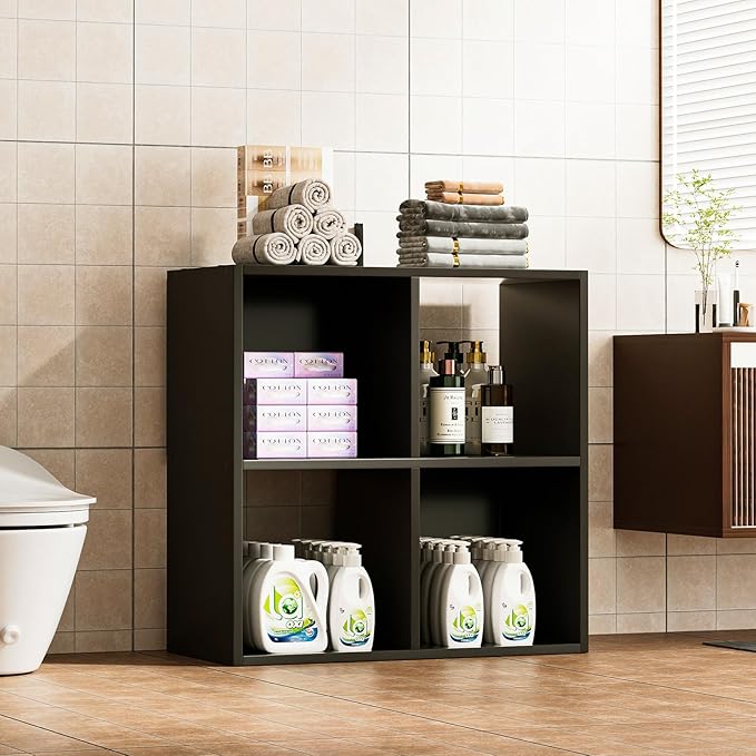 COMHOMA 4 Wood Cube Storage Organizer with Open Back and Removable Back Panels, 11In Black Cube Storage Bookshelf, Cubicle Shelf Bookcase for Home Office Bedroom Living Room, Vertical or Horizontal