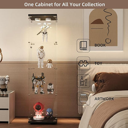 Beauty4U Glass Display Cabinet with Light, 4 Shelves, Curio Cabinets for Living Room, Bedroom, Office, Black Floor Standing Glass Bookshelf, Quick Installation