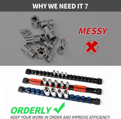 Socket Organizer Drive ABS Tools - Red Socket Holder, Premium Quality 12 Pieces Socket Holders Kit 1/4-Inch x 64 Clips, 3/8-Inch x 60 Clips, 1/2-Inch x 48 Clips（12PC,Red)