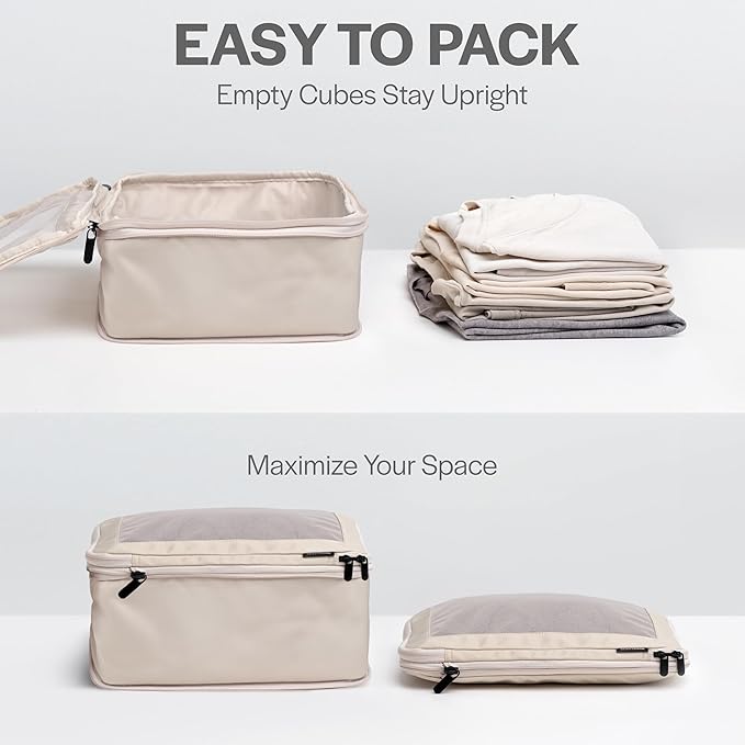 Compression Packing Cubes for Travel - Luggage Organizer Bags - Double Zipper Packing Cubes for Suitcases (6-Pack, Beige)