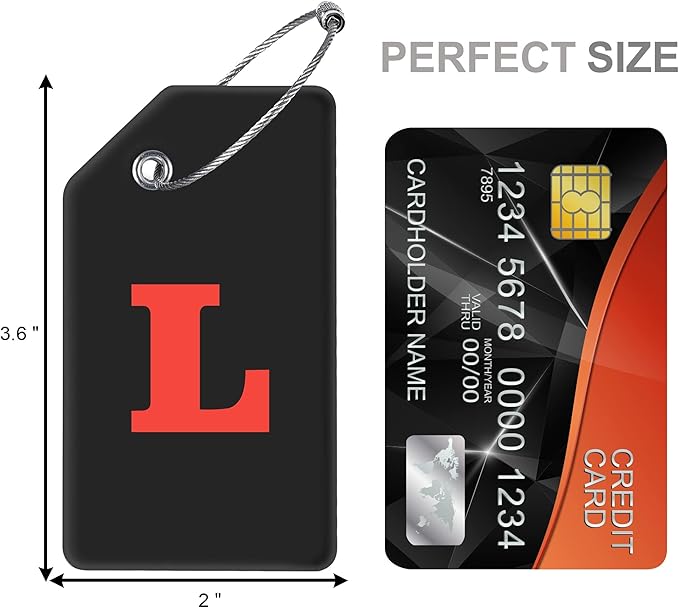 8 Pcs Luggage Tags for Suitcases, 26 Initial Letter Travel Luggage Baggage Identification Labels ID Tags Fully Bendable Tags with Stainless Steel Loop (Letter L, Black)