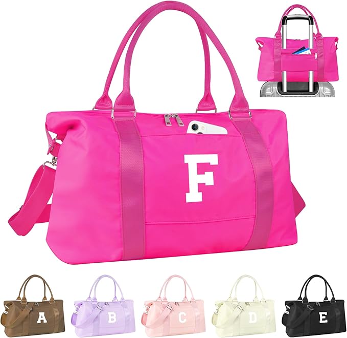 Overnight Bag for Kids Teen Girls Weekender Dance Bag Birthday Graduation Gifts,Initial Travel Duffel Bag Sports Gym Bag Personalized Weekender Bag Carry On Bags Preppy Gifts for Women(Hot Pink, F)
