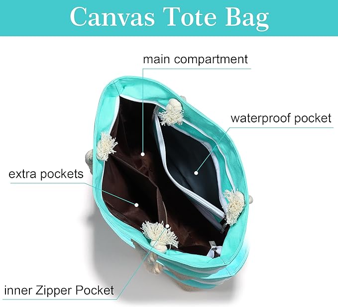 YOOLIFE Initial Canvas Waterproof Beach Tote Bag Zipper Personalized Gifts for Women Her Birthday Travel Beach Essential