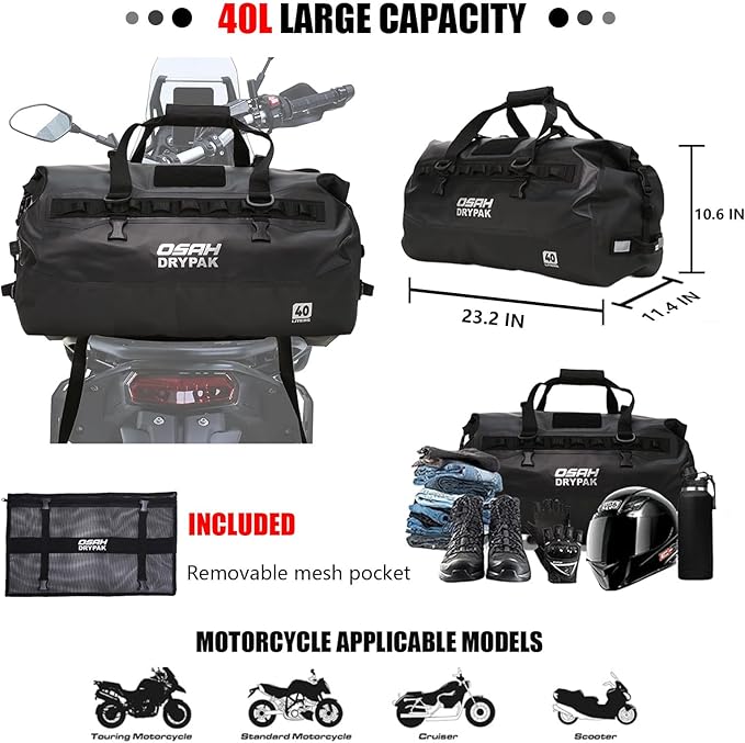 Waterproof Duffel Bag - Motorcycle Dry Bag 40L Tail Bag with Large Storage Space, Waterproof Duffle Bags with Outer Mesh Zipper Pocket for Camping, Kayaking, Fishing & Traveling-Green