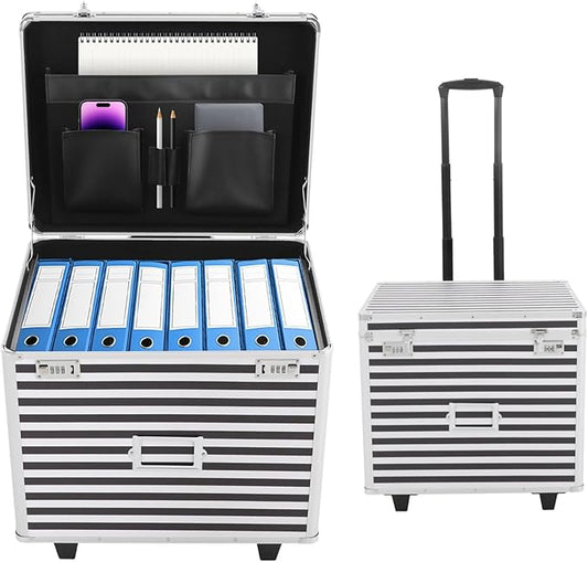 Rolling Cart for Teachers, Rolling File Cart with Hanging Folders, Portable File Box with Handle, Aluminum Alloy, Passcode Lock, Striped Pattern