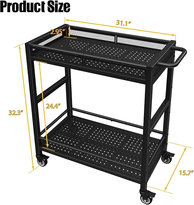 300LBS Heavy Duty Service Utility Cart on Wheels, Metal Rolling Utility Cart with Fences, 2-Tier Service Carts for Garage Garden Warehouse Tool House, Black, 360° Swivel, Ergonomic Handle, Sturdy