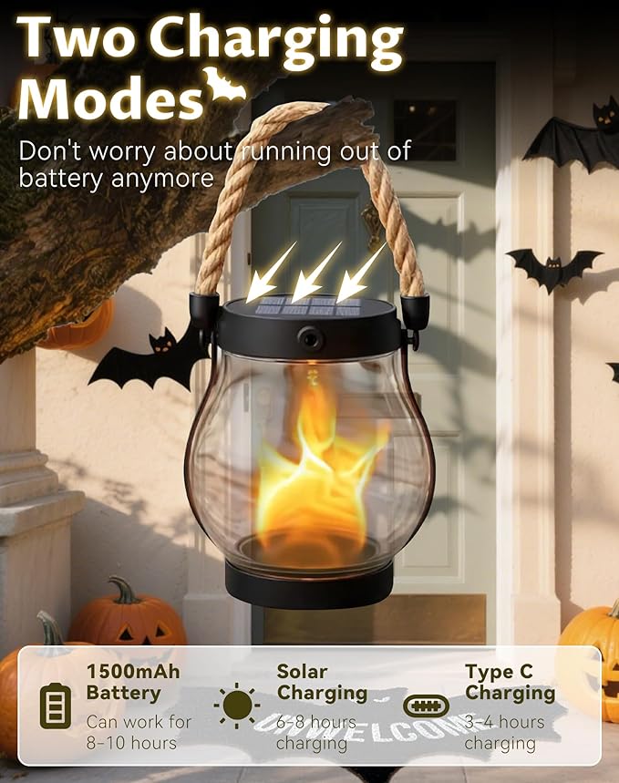 Kaliqo Solar Lantern Outdoor Lights - Official, Waterproof Kaliqo Solar Flame Lights Hangable with Dancing Flame, Hemp Rope Hanging Flame Lanterns,Dual Charging Modes, Smokeless (4pcs)