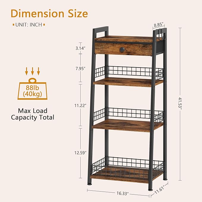 4-Tier Ladder Shelf with Drawer, Bathroom Stand Floor Storage Shelf, Freestanding Tower Table Ladder-Rustic Brown.