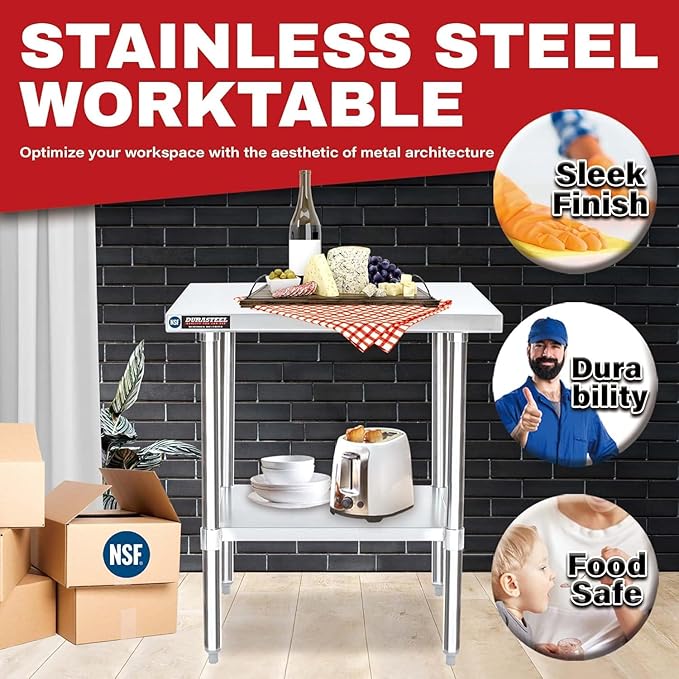 DuraSteel 30x72 Stainless Steel Work Table - NSF Commercial Prep Metal Table - Outdoor Pizza Oven Stand w/Under Shelf - Kitchen Island Laundry Utility Garage Microwave Stand Large Rolling Storage Cart