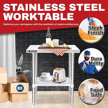 DuraSteel 30x72 Stainless Steel Work Table - NSF Commercial Prep Metal Table - Outdoor Pizza Oven Stand w/Under Shelf - Kitchen Island Laundry Utility Garage Microwave Stand Large Rolling Storage Cart
