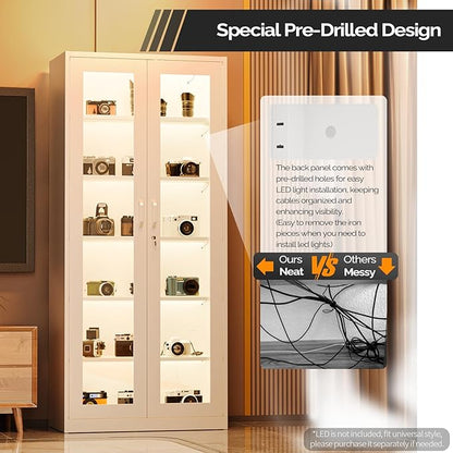 VINGLI Lockable Display Cabinet with Glass Doors & 5 Adjustable Shelves, 71" Tall White Metal Storage Cabinet Curio Liquor, Bookshelf Bookcase for Home Office Living Room Pantry Garage