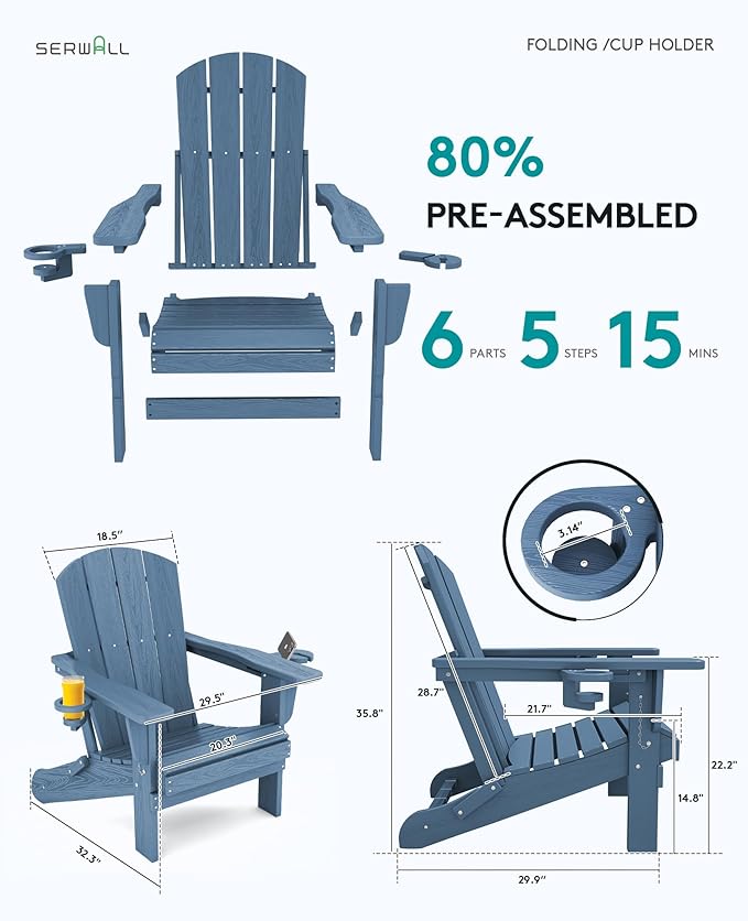SERWALL Folding Adirondack Chair, HDPE Adirondack Chairs Set of 2, Plastic Outdoor Chairs- Looks Exactly Like Real Wood- Navy