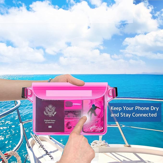 AiRunTech Waterproof Pouch with Waist Strap (2 Pack) | Beach Accessories Best Way to Keep Your Phone and Valuables Safe and Dry | Perfect for Boating Swimming Snorkeling Kayaking Beach Pool Water Park