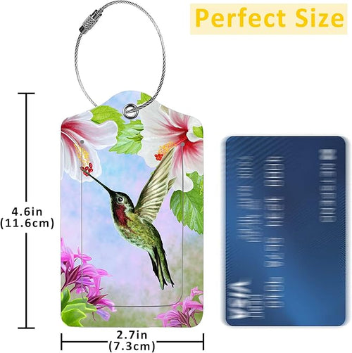 2 Pack Hummingbird with Hibiscus Luggage Tags for Suitcases,Hummingbird with Flower Leather Baggage Suitcases Tag Name ID Label Privacy Cover Travel Bag Tags for Women Men Boys Girls