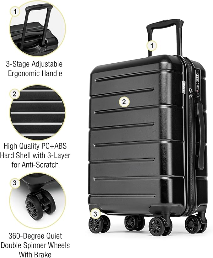 KYME Hardside Carry On Luggage 22x14x9 Airline Approved with TSA Lock Hardshell Carry On Suitcase with Spinner Wheels Travel Rolling 22 Inch Luggage with Cup Holder for Men Women Black