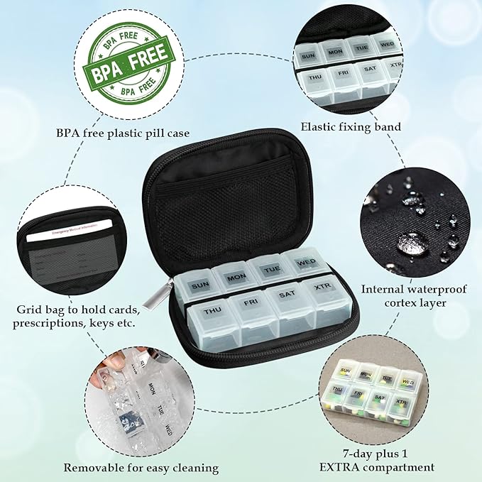 Serfeymi Weekly Travel Pill Organizer Pill Case for Purse with Removable 7 Day Pill Box, Fashionable Travel Medicine Organizer Pill Container for Medicine, Vitamin, Supplement - Black 01 + Pill Box