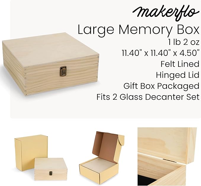 makerflo Large Natural Pine Wood Memory Box with Black Felt Inside, Hinged with Clasp, Keepsake Wooden Box Ideal for Craft and Personalization (Laser Engraving, Epoxy, UV DTF, and Vinyl) – Pack of 1