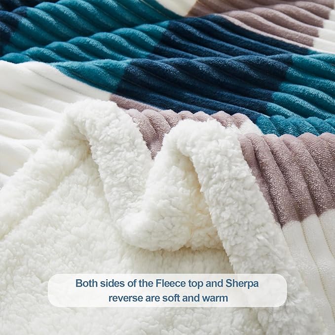 PU MEI Sherpa Blanket Twin Plaid Thick Bed Blanket, 60”*80” Super Soft Flannel Fuzzy Fleece Reversible Velvet Plush Warm Blanket for Couch (Teal Check, 60"*80")
