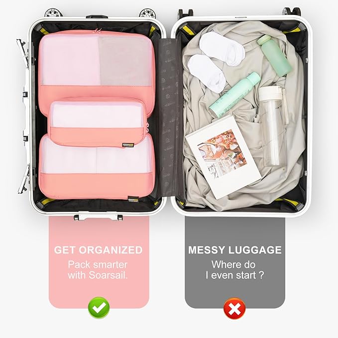 6 Set Compression Packing Cubes for Travel Essentials, Luggage Organizers for Suitcases (Dusty Pink)