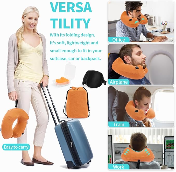 2 Pack Inflatable Travel Neck Pillows for Airplanes, Head Support Velvet Adult Neck Pillows for Long Flight, Kit with Eye Mask, Earplugs and Storage Bag, 2, Orange